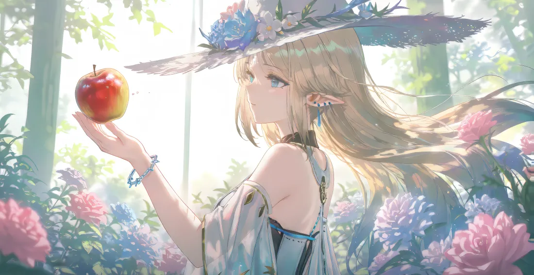 5k森系少女壁纸｜阳光花林背景图片 - 手持苹果少女「哲风壁纸」