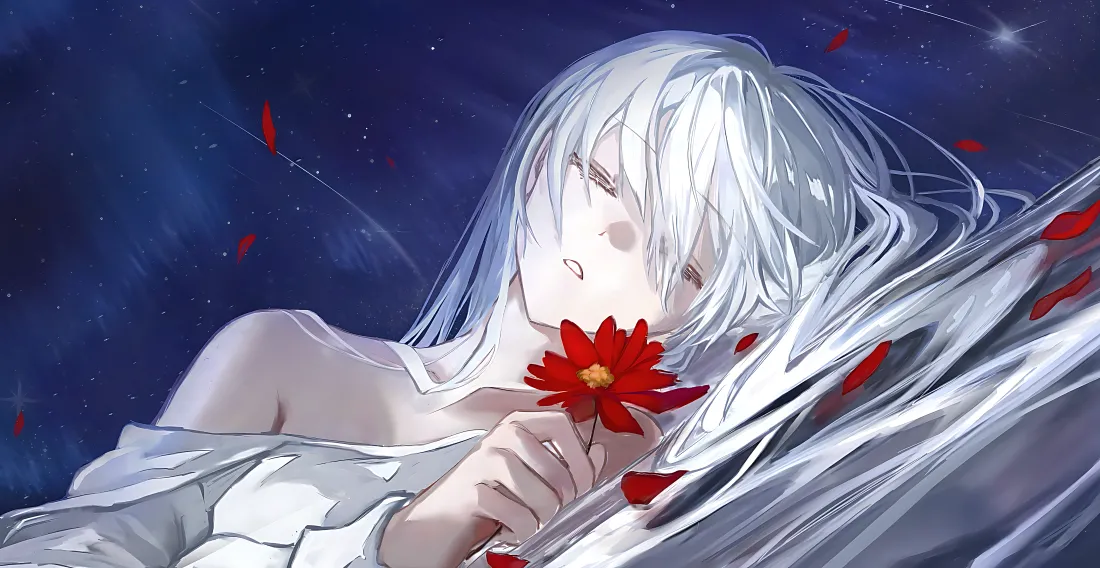 4k银发少女壁纸｜星空背景图片 - 持红花的少女「哲风壁纸」