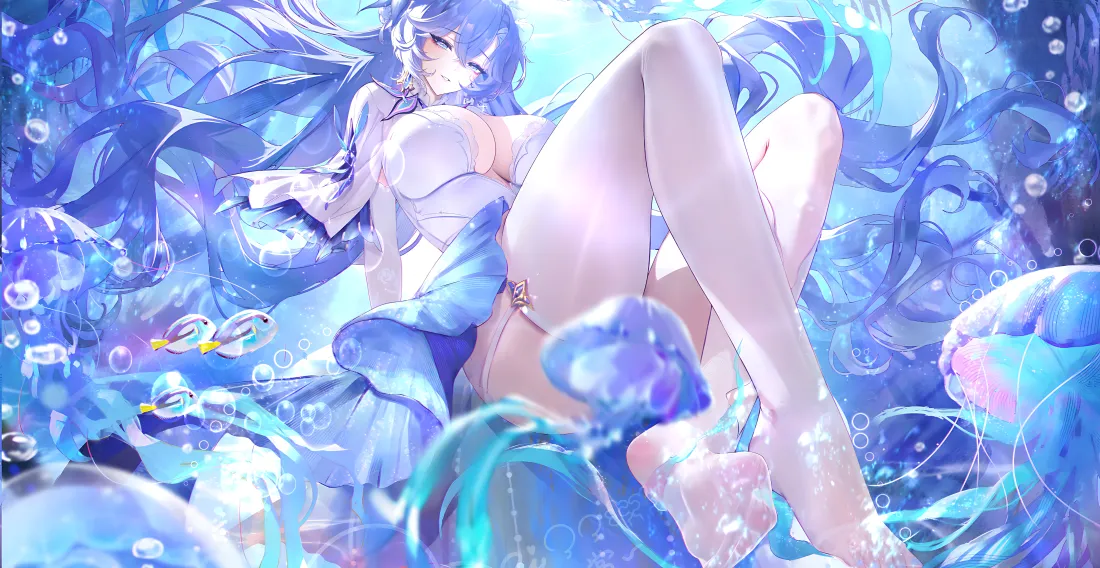 6k水蓝少女壁纸｜美腿背景图片 - 梦幻之境「哲风壁纸」