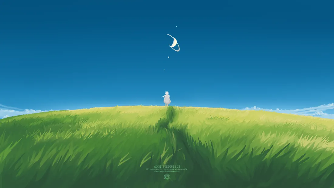 3k(草原月色插画背景图片 - 少女望月)「哲风壁纸」