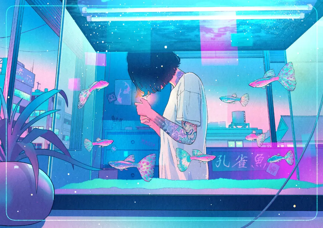 2k赛博少女壁纸｜霓虹水族箱背景图片 - 未来「哲风壁纸」