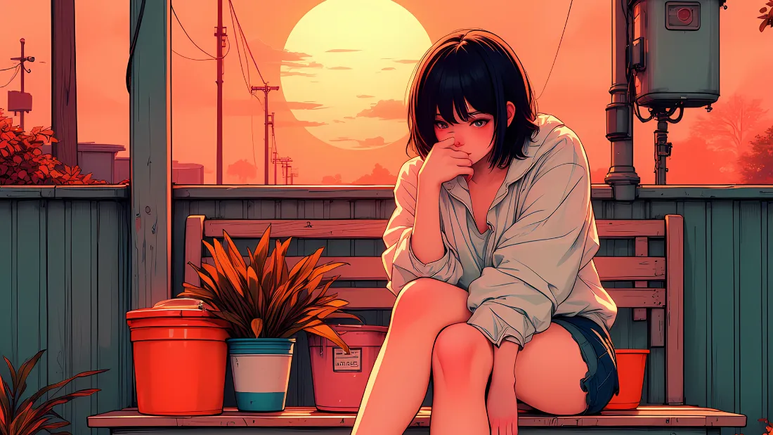 2k夕阳少女壁纸｜高饱和插画背景图片 - 长椅「哲风壁纸」