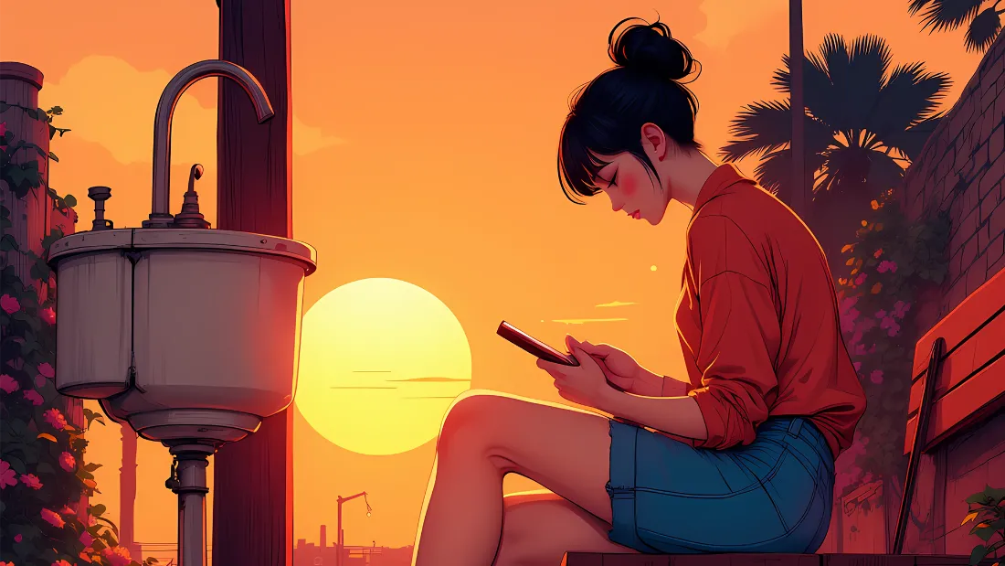 2k夕阳少女插画壁纸｜黄昏场景背景图片 - 长椅时光「哲风壁纸」