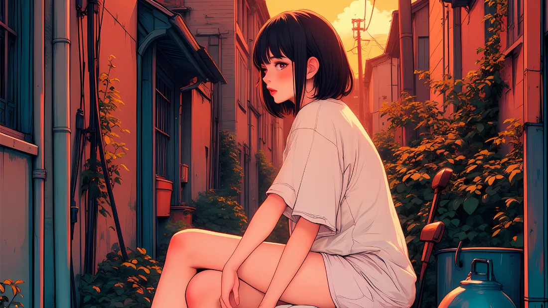 2k夕阳少女壁纸｜插画背景图片 - 巷尾余晖「哲风壁纸」