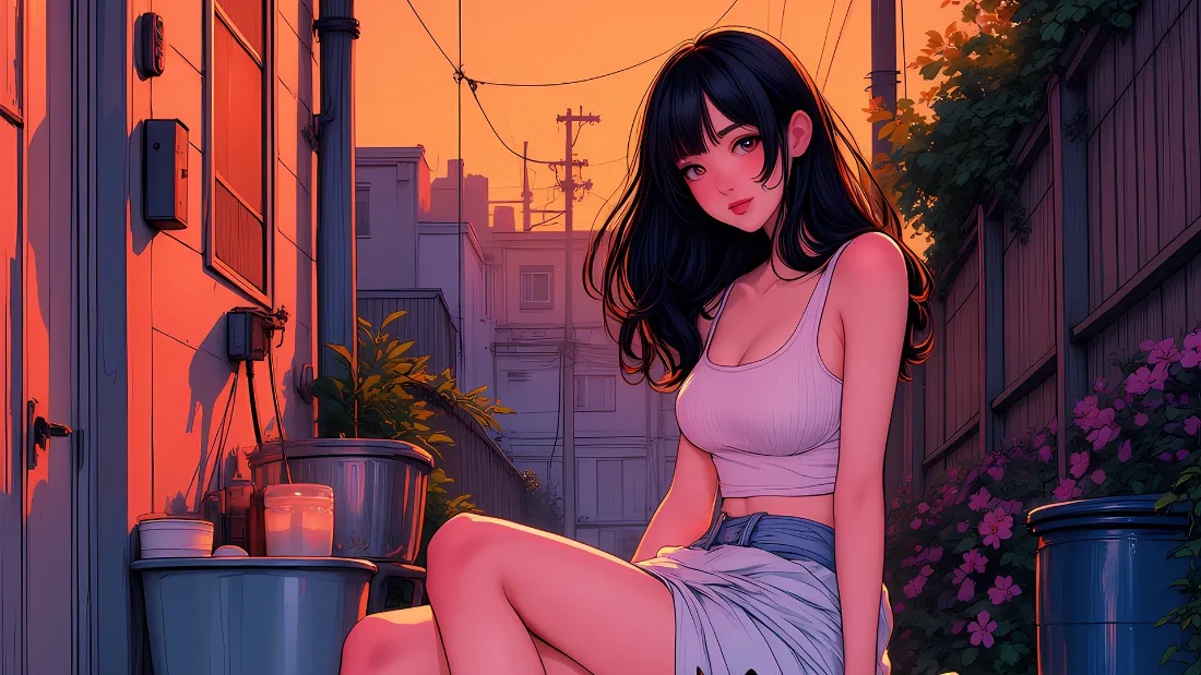 2k夕阳少女插画壁纸｜小巷背景图片 - 日系「哲风壁纸」