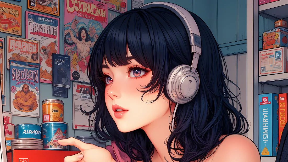 2k耳机女孩壁纸｜复古房间背景图片 - 插画生活「哲风壁纸」