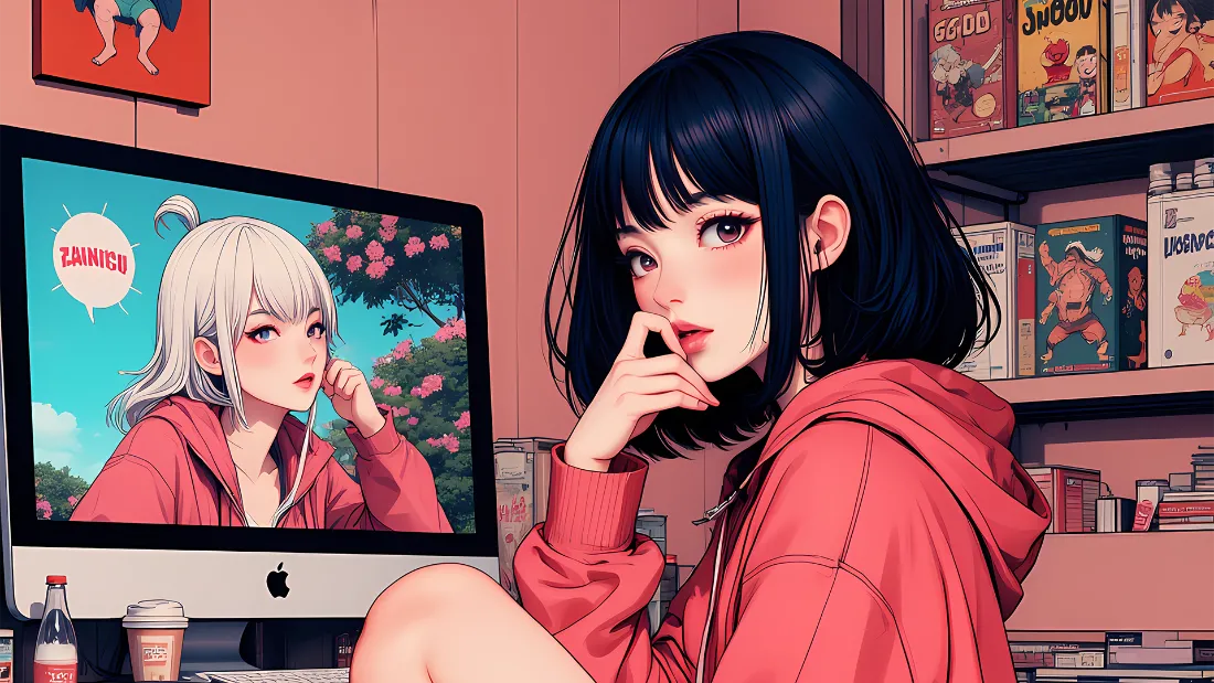2k红衣少女插画壁纸｜女孩生活场景背景图「哲风壁纸」