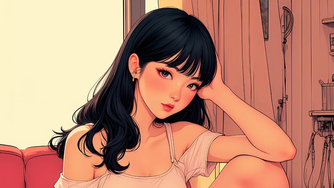 2k黑发女孩壁纸｜家居生活背景图片 - 插画「哲风壁纸」