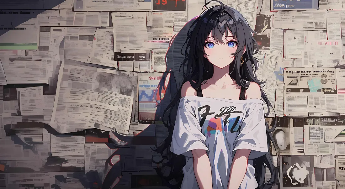 4k黑发少女壁纸｜报纸墙背景图片 - 插画「哲风壁纸」