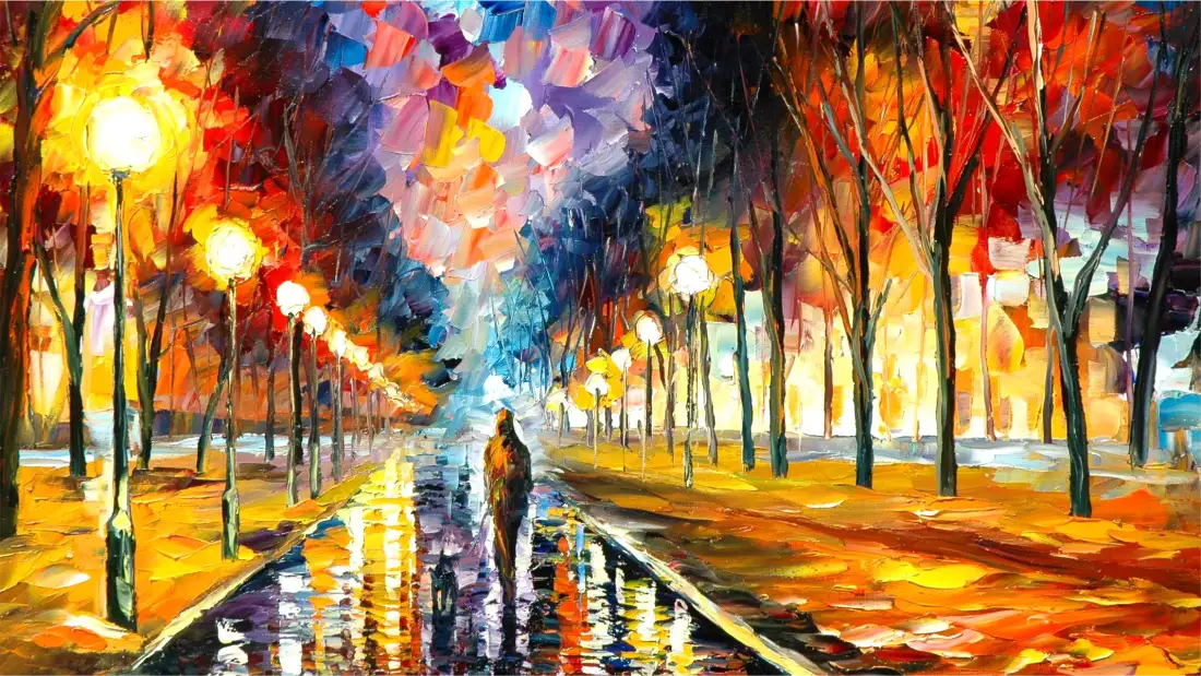 2k雨夜街景壁纸｜路灯油画背景图片 - 行人漫步「哲风壁纸」