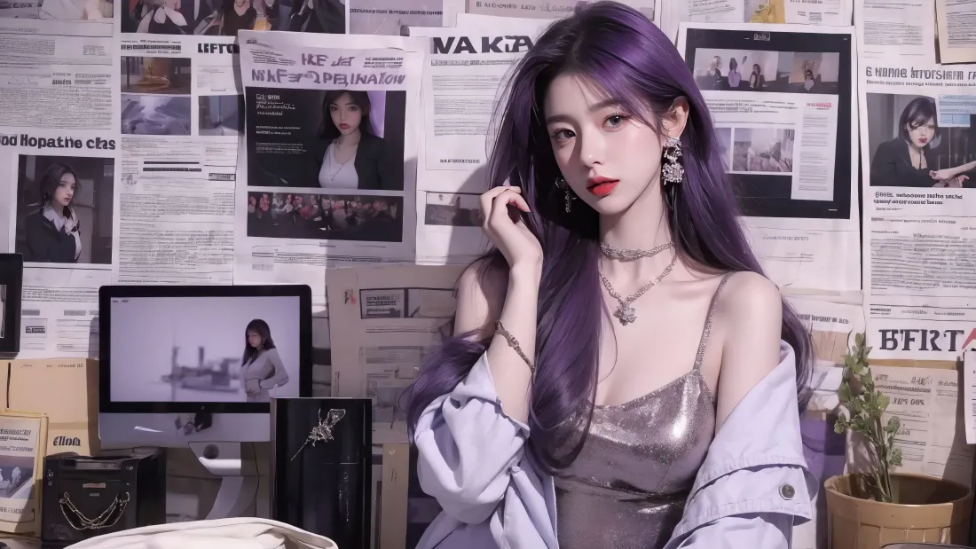 5k紫色长发｜报纸墙背景图片 - AI动漫美女「哲风壁纸」