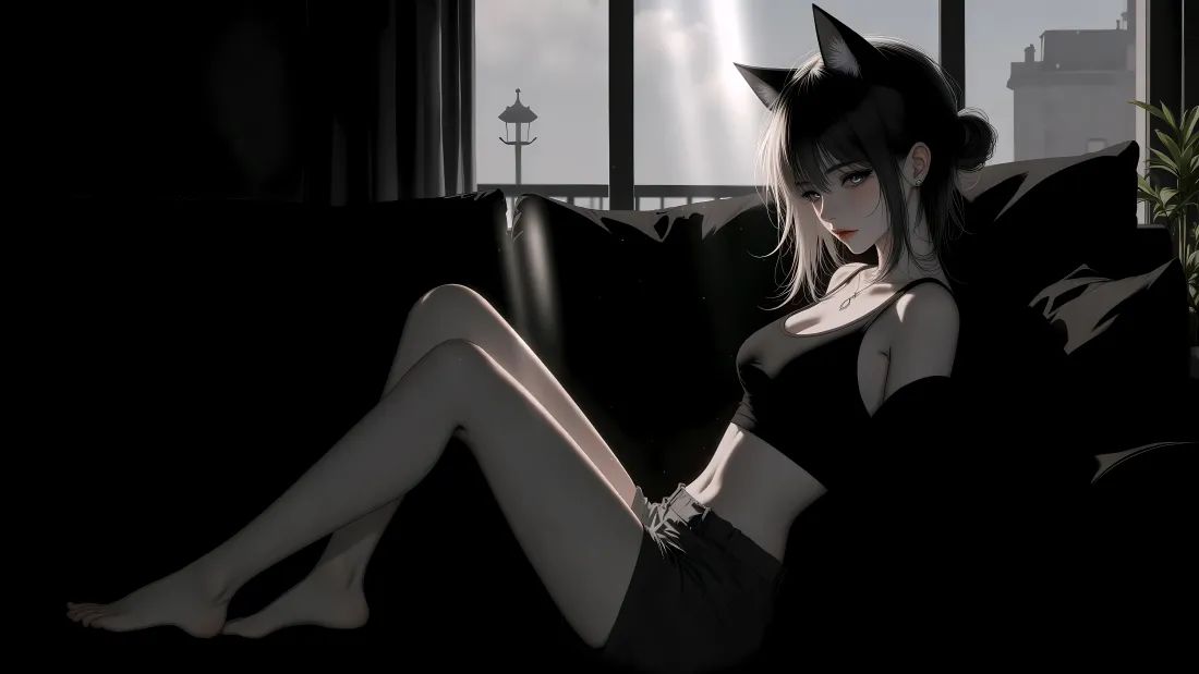 8k(猫耳少女壁纸｜沙发场景背景图片 - 暗黑风格)「哲风壁纸」