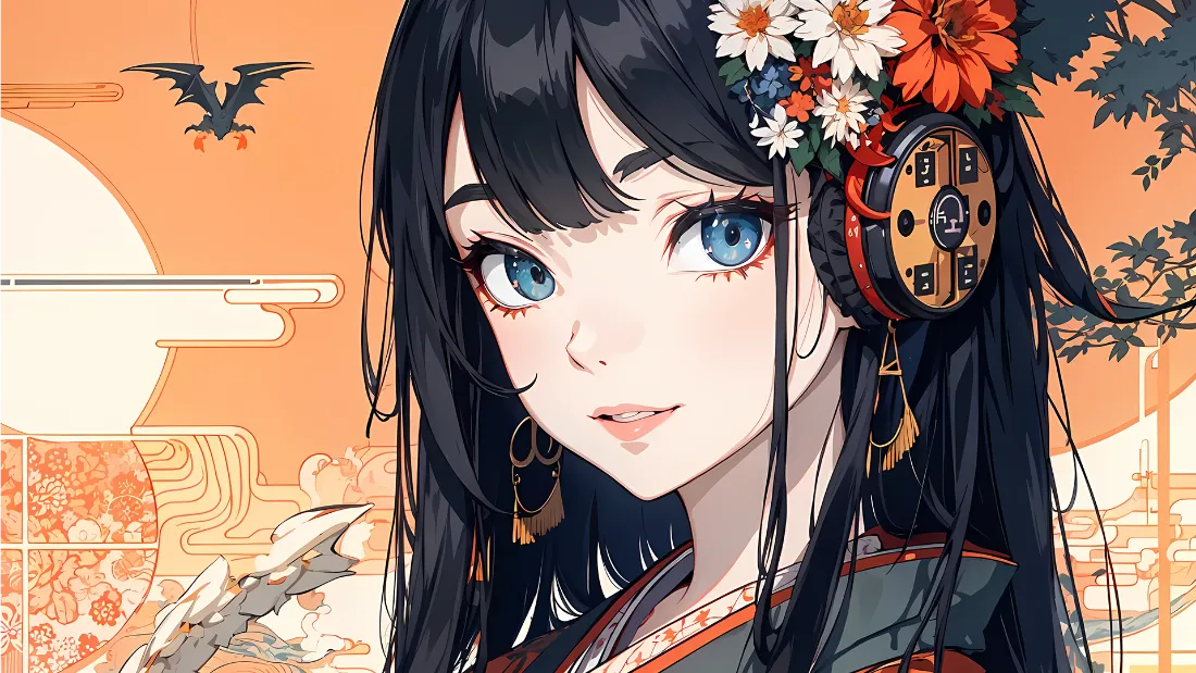 2k和风少女壁纸｜月夜插画背景图片 - 暗黑系「哲风壁纸」