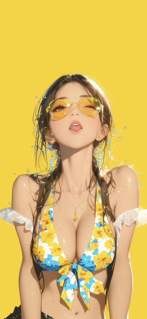 酷飒眼镜美女手机壁纸｜亮黄背景图片 - 性感魅力「哲风壁纸」