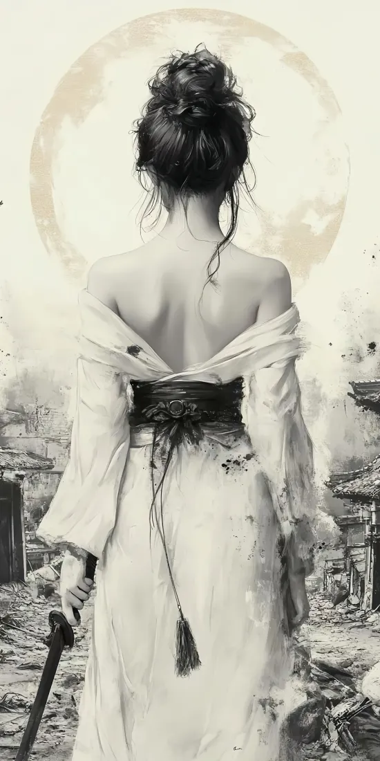 废墟手机壁纸｜持剑美女背影图片 - 月夜「哲风壁纸」