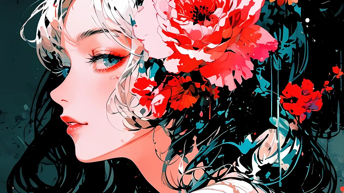2k撞色插画壁纸｜女生侧脸背景图片 - 花卉「哲风壁纸」