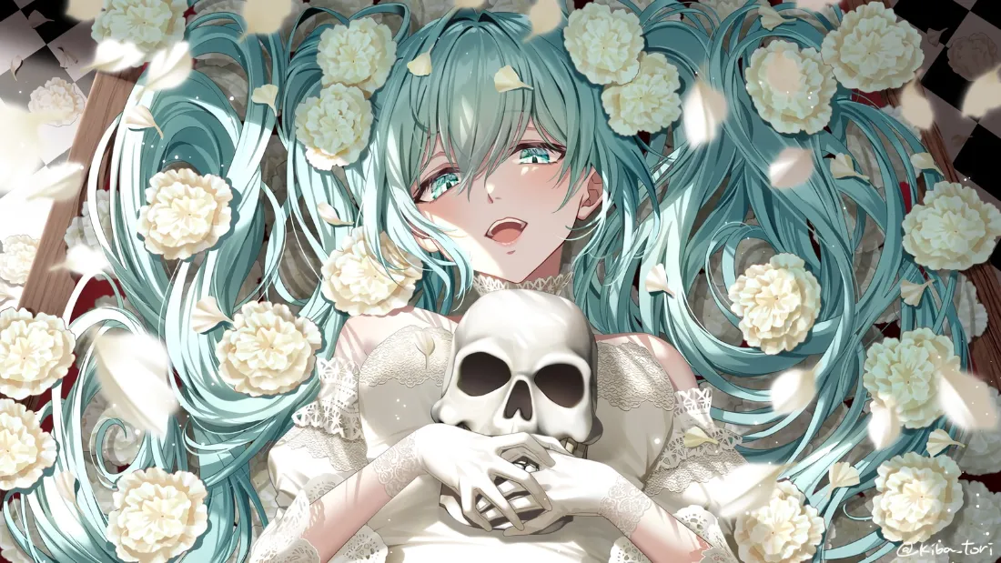 2k初音未来壁纸｜骷髅玫瑰背景图片 - 蓝发少女「哲风壁纸」
