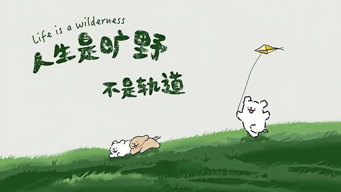 4k线条小狗壁纸｜草地人生格言背景图 - 旷野轨道「哲风壁纸」