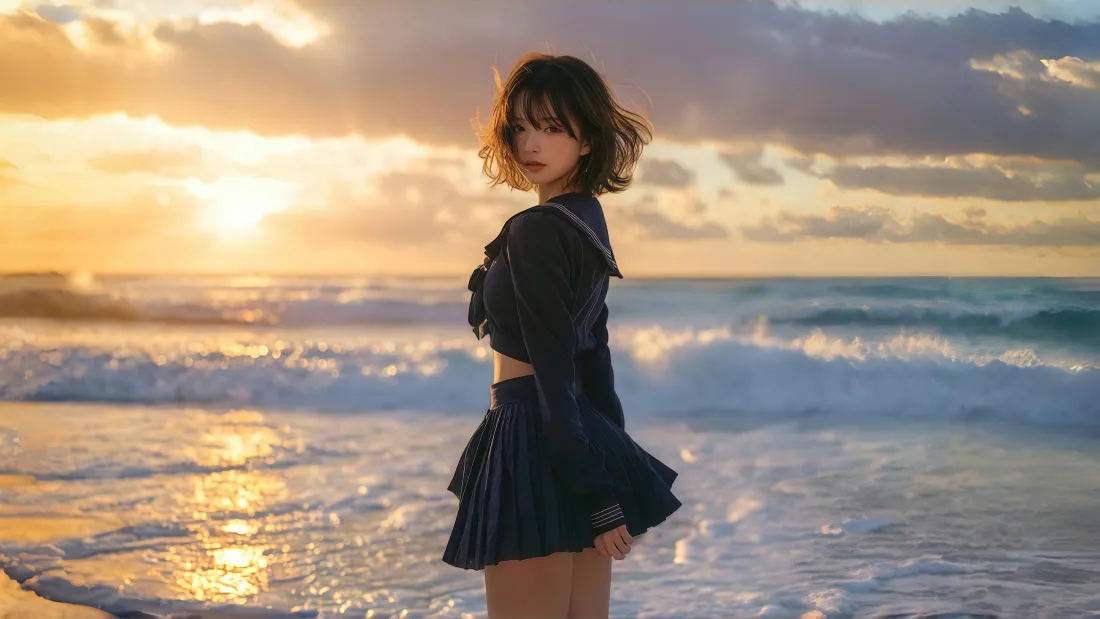 4kJK美女壁纸｜海边背景图片 - 美女侧脸「哲风壁纸」