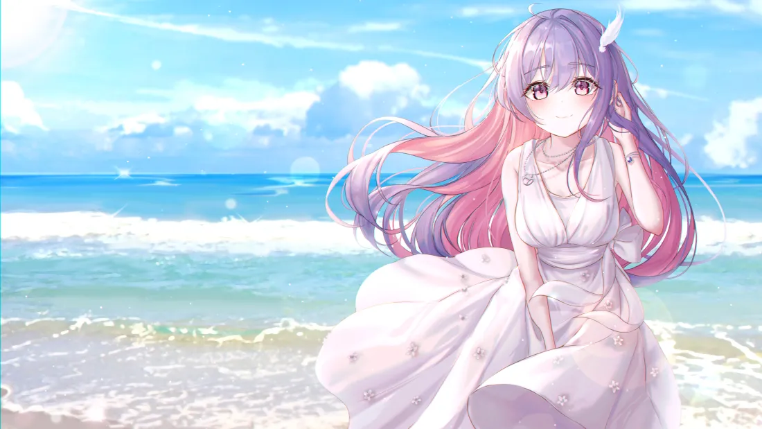 7k紫粉长发少女壁纸｜海边背景图片 - 美少女「哲风壁纸」