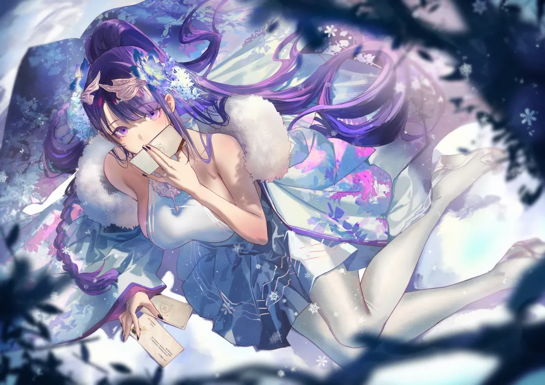 4k紫发少女壁纸｜雪地白丝背景图片 - 冬日插画「哲风壁纸」