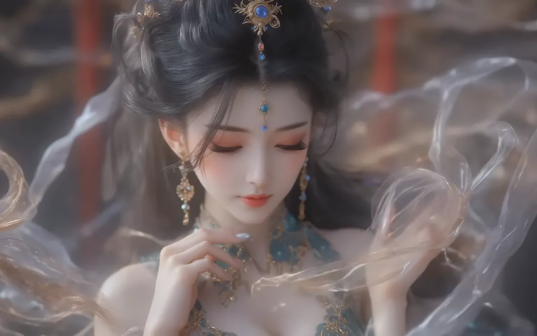 2k古韵壁纸｜轻纱美少女背景图片 - 簪花倚纱「哲风壁纸」