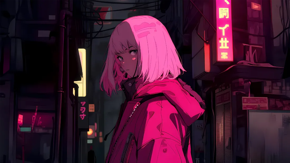 2k赛博女孩壁纸｜夜晚街头插画 - 霓虹幻想「哲风壁纸」