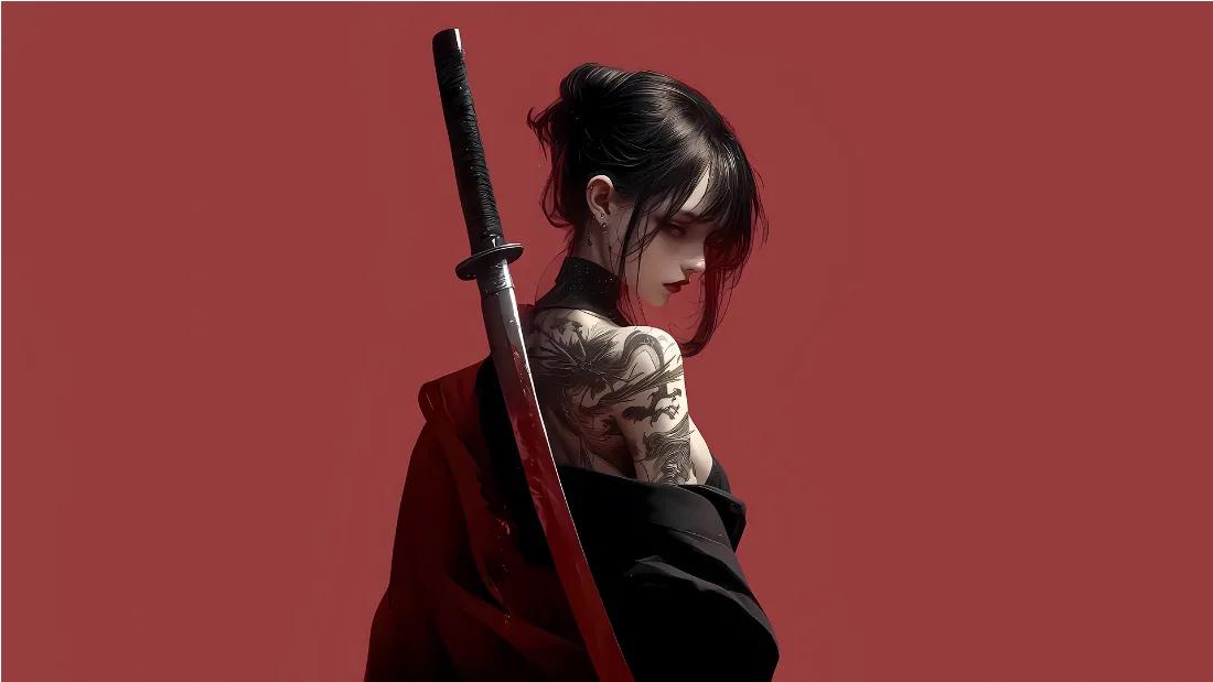 2k(冷艳女刀客壁纸｜红影背景图片 - 高冷刀客)「哲风壁纸」