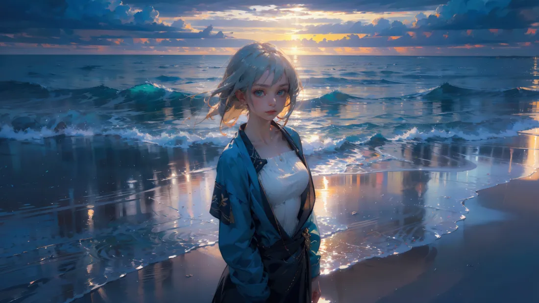 4k海边少女壁纸｜黄昏海浪背景图片 - 动漫「哲风壁纸」