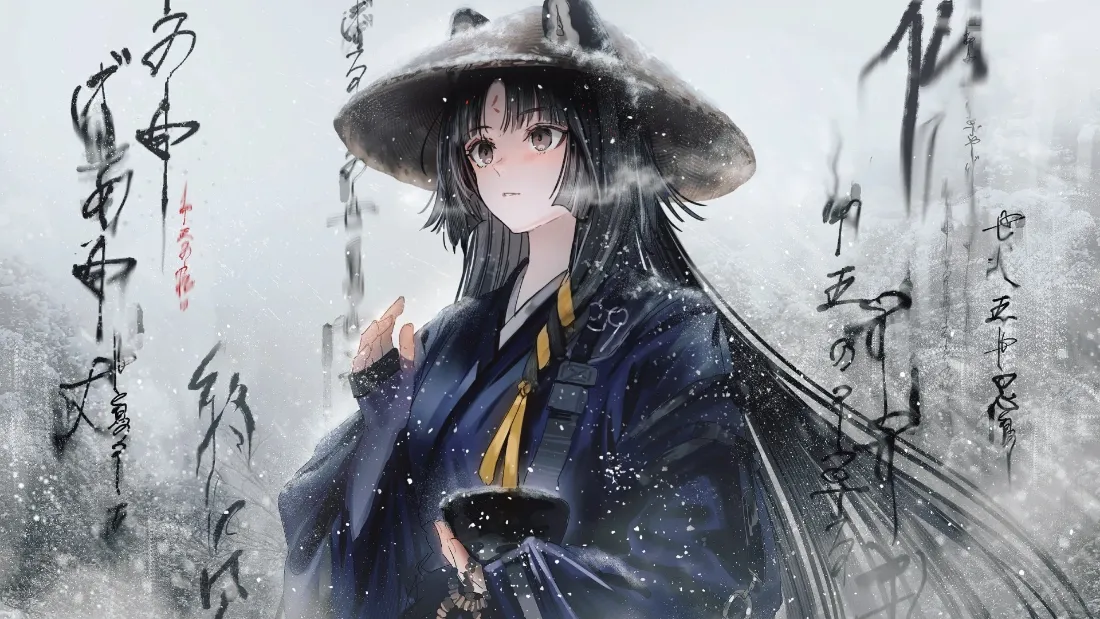 2k古风斗笠少女壁纸｜雪景书法背景图片 - 意境「哲风壁纸」