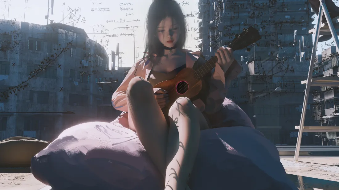 4k少女吉他壁纸｜废墟背景图片 - 动漫插画「哲风壁纸」