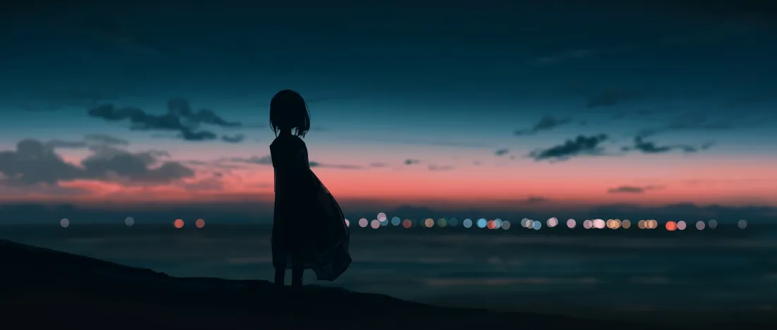 6k(少女壁纸｜夜色背景图片 - 少女背影)「哲风壁纸」