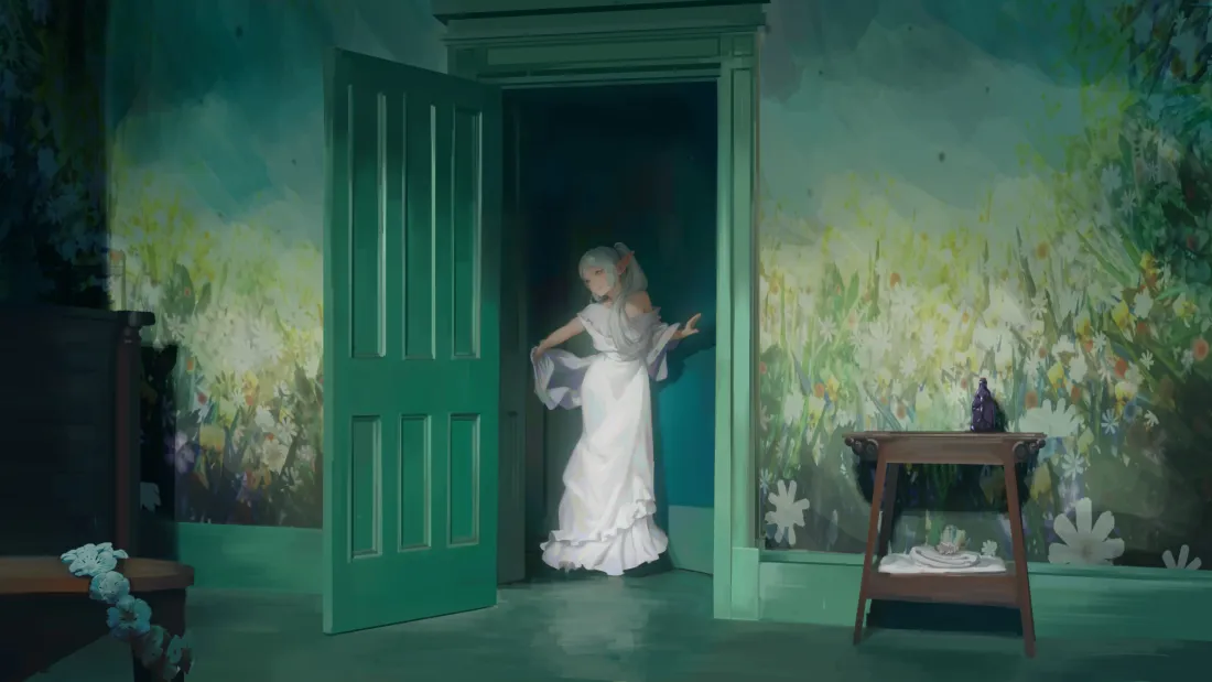 6k少女绿门壁纸｜壁画风背景图片 - 奇幻场景「哲风壁纸」