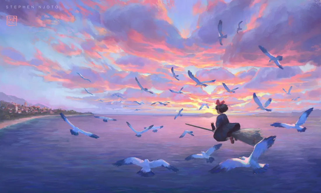 5k魔女扫帚壁纸｜海鸥环绕背景图片 - 黄昏海景「哲风壁纸」
