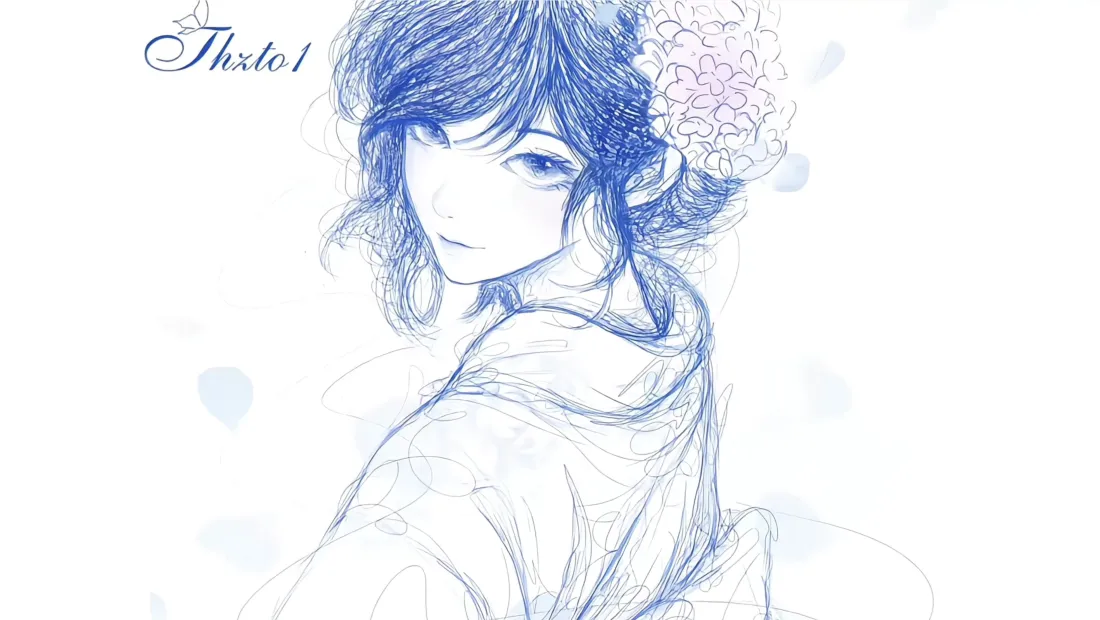 3k蓝发少女壁纸｜和服背景图片 - 插画「哲风壁纸」