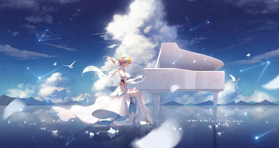 5k钢琴少女壁纸｜星空背景图片 - 梦幻场景「哲风壁纸」