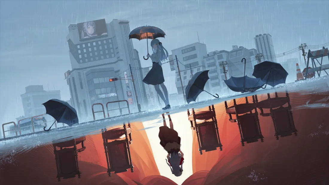 6k少女壁纸｜城市镜像背景图片 - 雨中倒影「哲风壁纸」