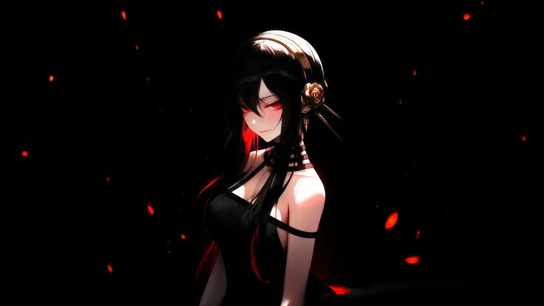 8k黑发少女壁纸｜红花瓣背景图片 - 动漫角色「哲风壁纸」