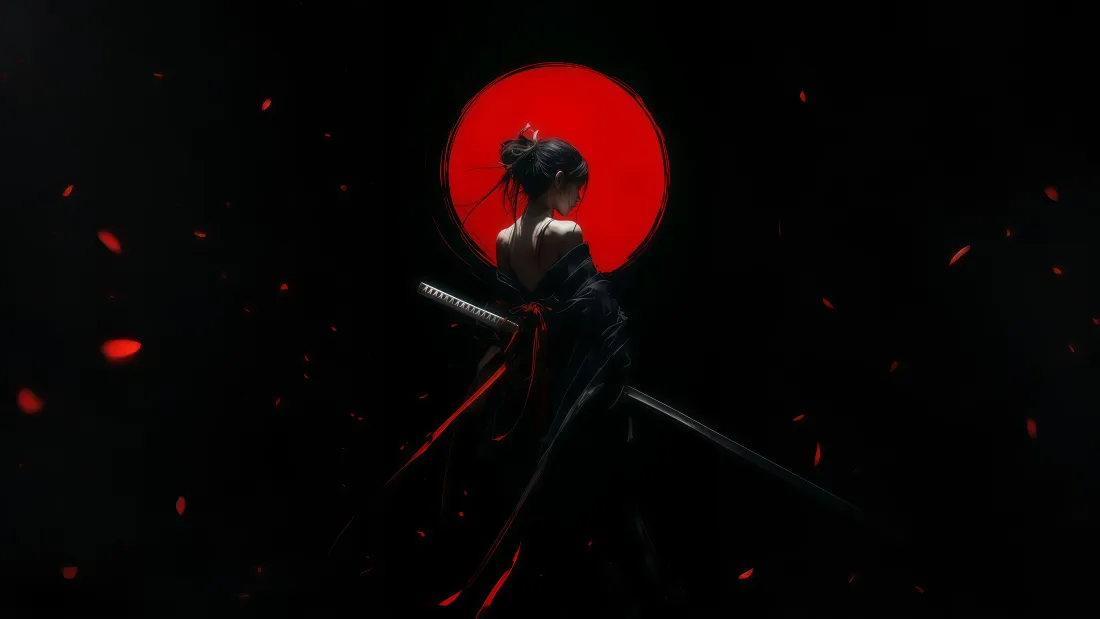 8k女武士壁纸｜暗夜红月背景图片 - 肃杀背影「哲风壁纸」