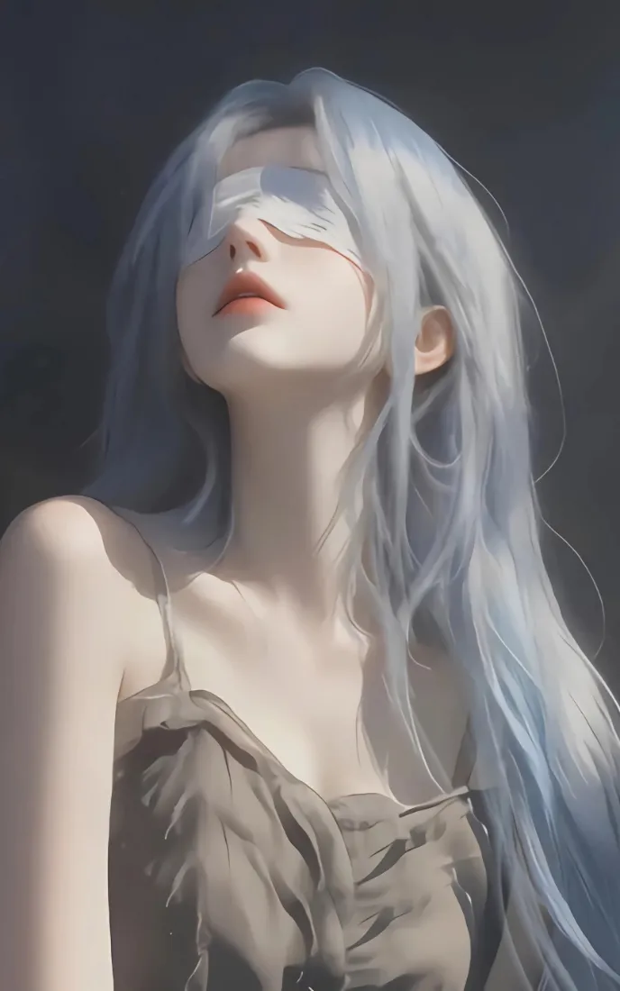 蓝发美女手机壁纸｜蒙眼背景图片 - 灰色吊带「哲风壁纸」