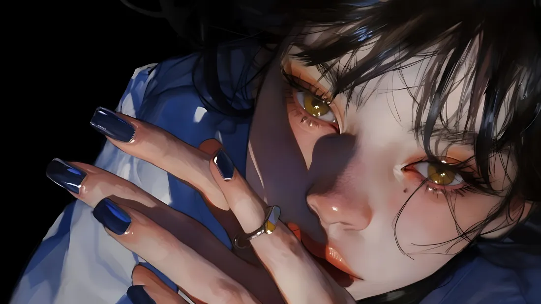 5k黄瞳少女壁纸｜深色背景图片 - 蓝指甲「哲风壁纸」