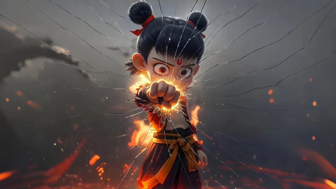 8k魔童哪吒壁纸｜火焰背景图片 - 碎裂「哲风壁纸」
