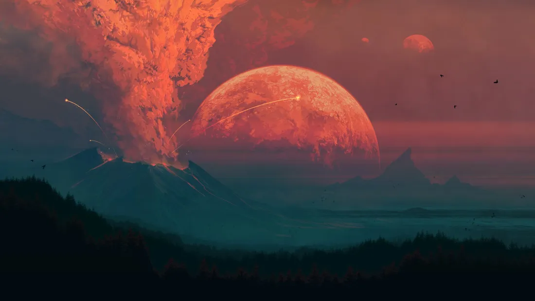 3k火山喷发壁纸｜环形月亮背景图片 - 橙红岩浆「哲风壁纸」