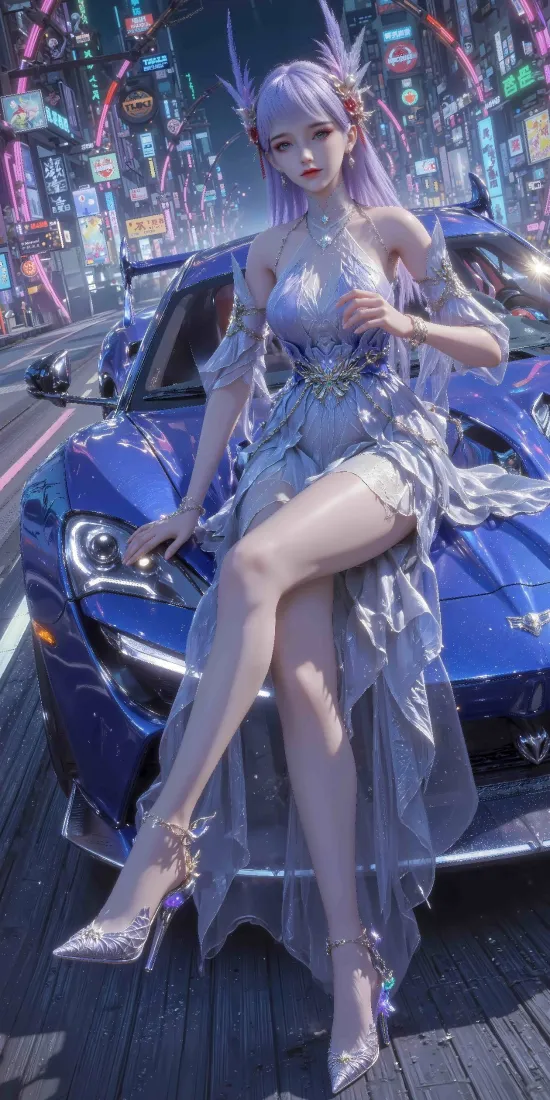赛博朋克女性手机壁纸｜霓虹背景 - 蓝色跑车「哲风壁纸」