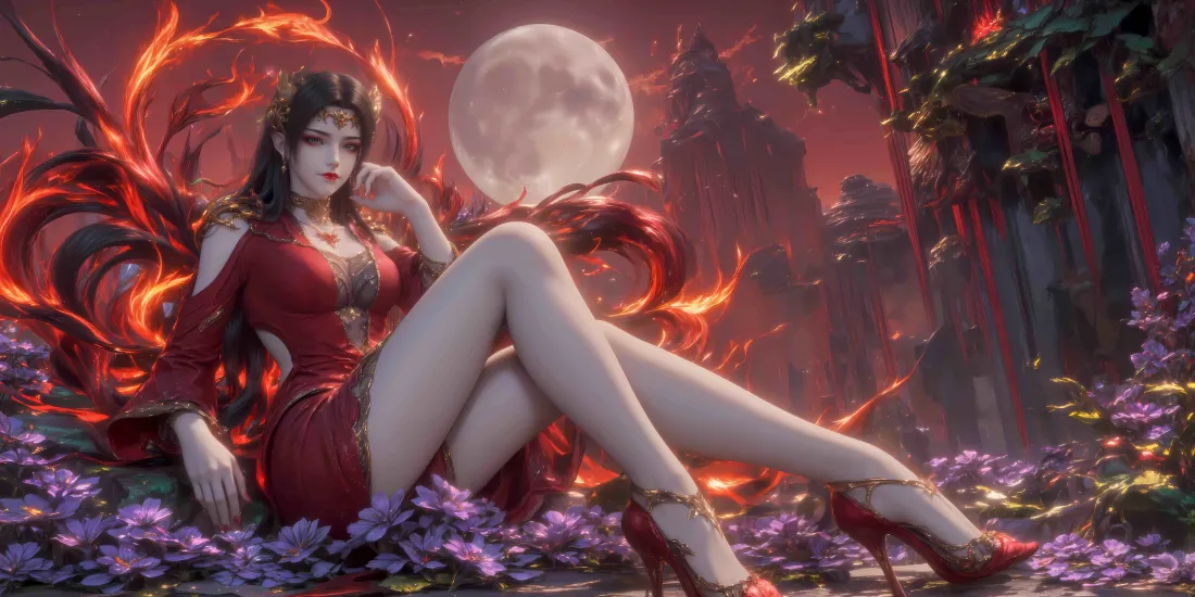 33k美杜莎斗破苍穹壁纸｜火焰满月背景 - 红色长裙「哲风壁纸」