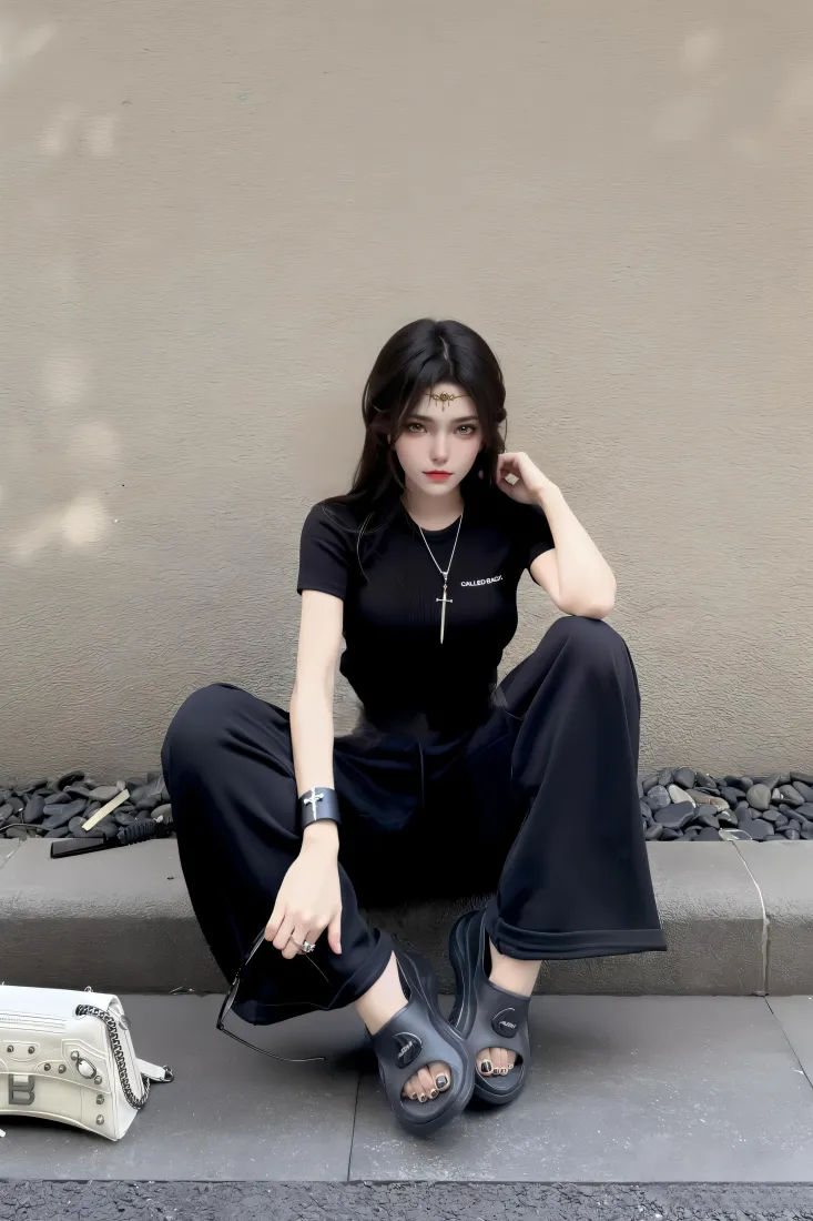 黑衣女性手机壁纸｜户外台阶背景图片 - 灰色调「哲风壁纸」