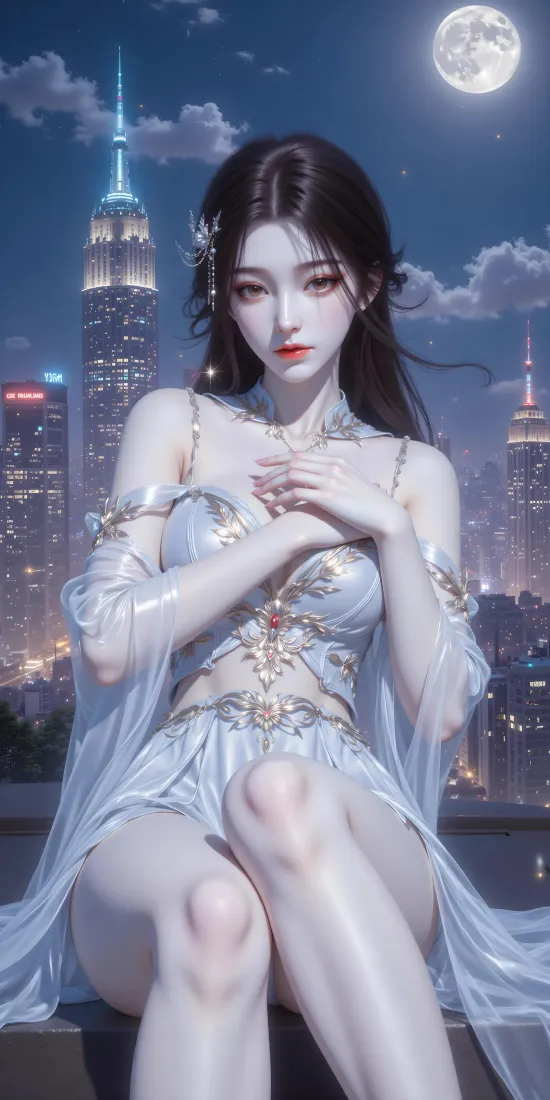 古风美女手机壁纸｜城市夜景背景图片 - 满月「哲风壁纸」