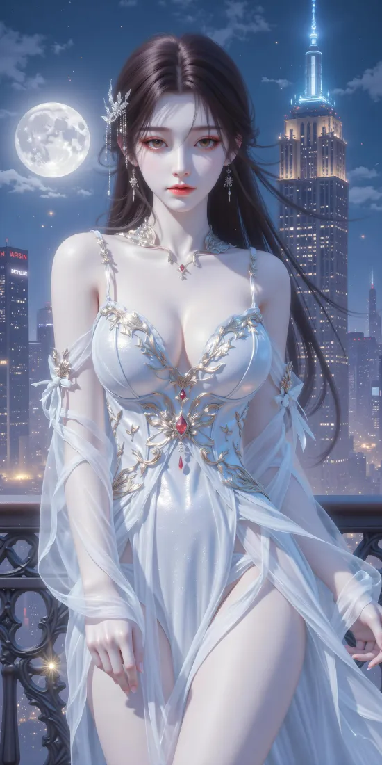 白衣女子手机壁纸｜城市夜景背景图片 - 满月「哲风壁纸」