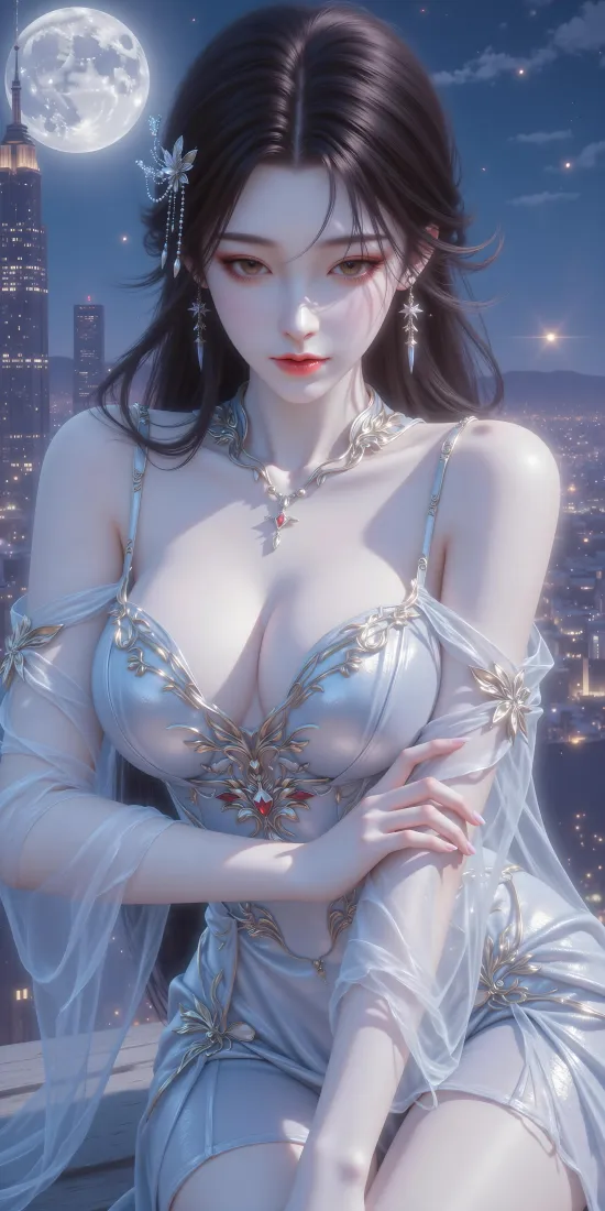 银发美女手机壁纸｜城市夜景背景图片 - 月亮「哲风壁纸」