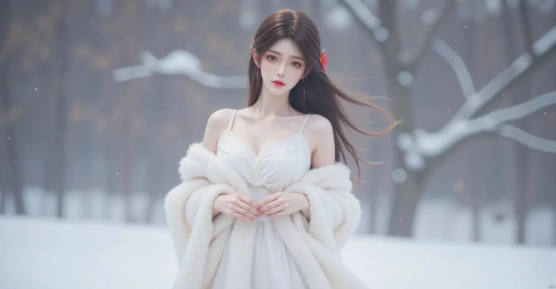 3k雪景白衣女子壁纸｜冬季背景图片 - 长发「哲风壁纸」